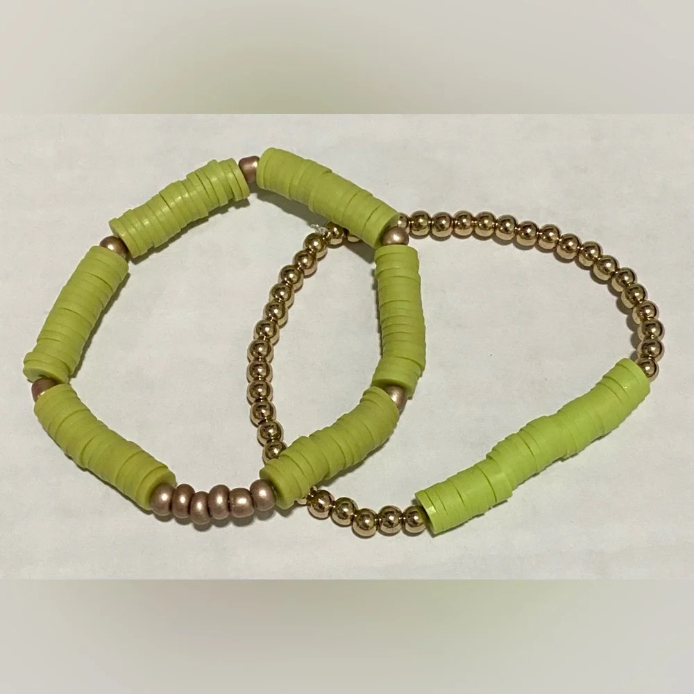 Green Gold Heishi Clay Beaded Bracelets Boho Preppy Y2K Eclectic Fall Festival
